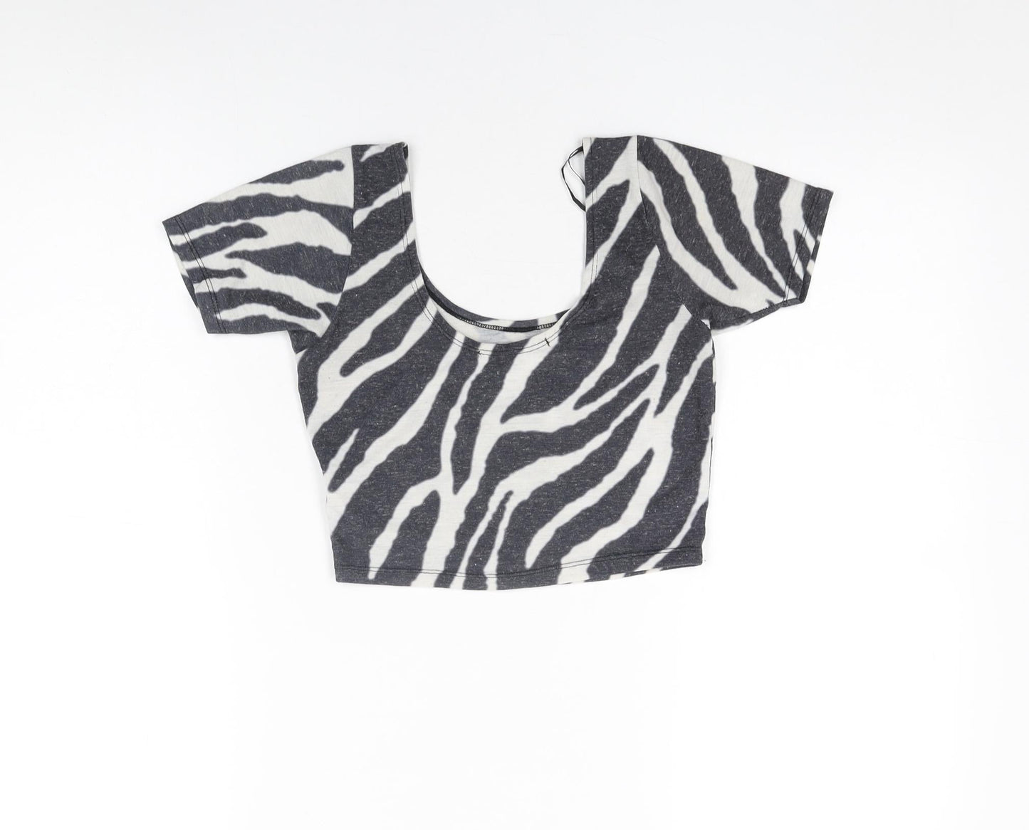 River Island Womens Black Animal Print Polyester Cropped T-Shirt Size 6 Round Neck