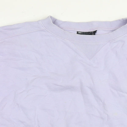 Close-up detail of ASOS women’s purple cotton pullover sweatshirt, size UK 8, pullover