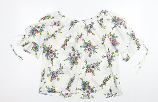 Signature Studio Womens White Floral Patent Leather Basic Blouse Size L Off the Shoulder