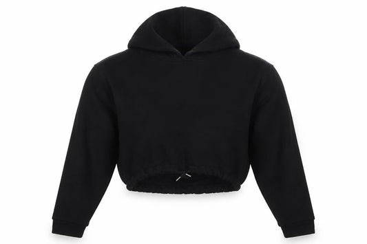 Front view of COS women’s black polyester pullover hoodie, size S, pullover