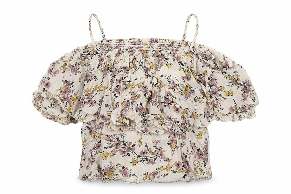 Miss Selfridge Womens Beige Floral Viscose Basic Blouse Size 8 Off the Shoulder - Beaded Detail Cold Shoulder