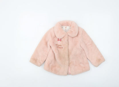 Front view of Disney girls’ pink jacket, size 24, months snap - faux fur minnie mouse