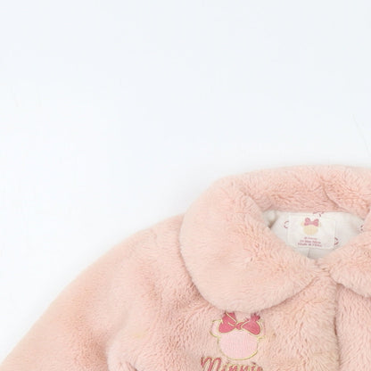 Close-up detail of Disney girls’ pink jacket, size 24, months snap - faux fur minnie mouse