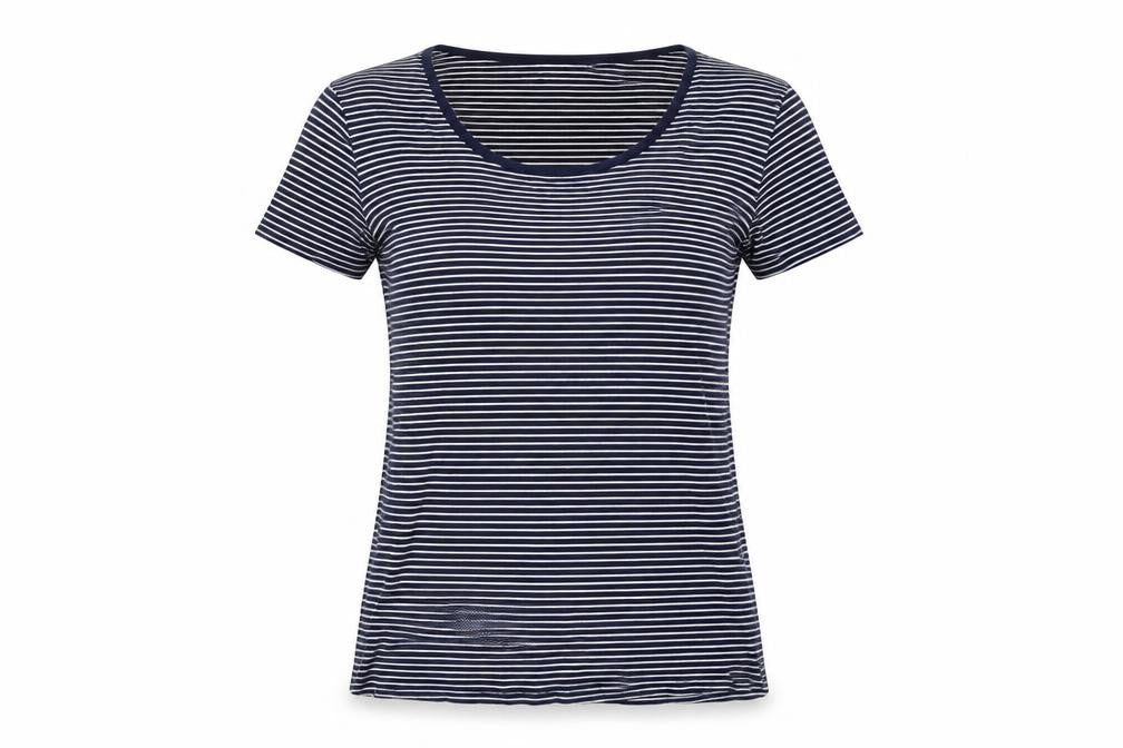 Cotton Traders Womens Blue Striped Cotton Basic T-Shirt Size 10 Round Neck