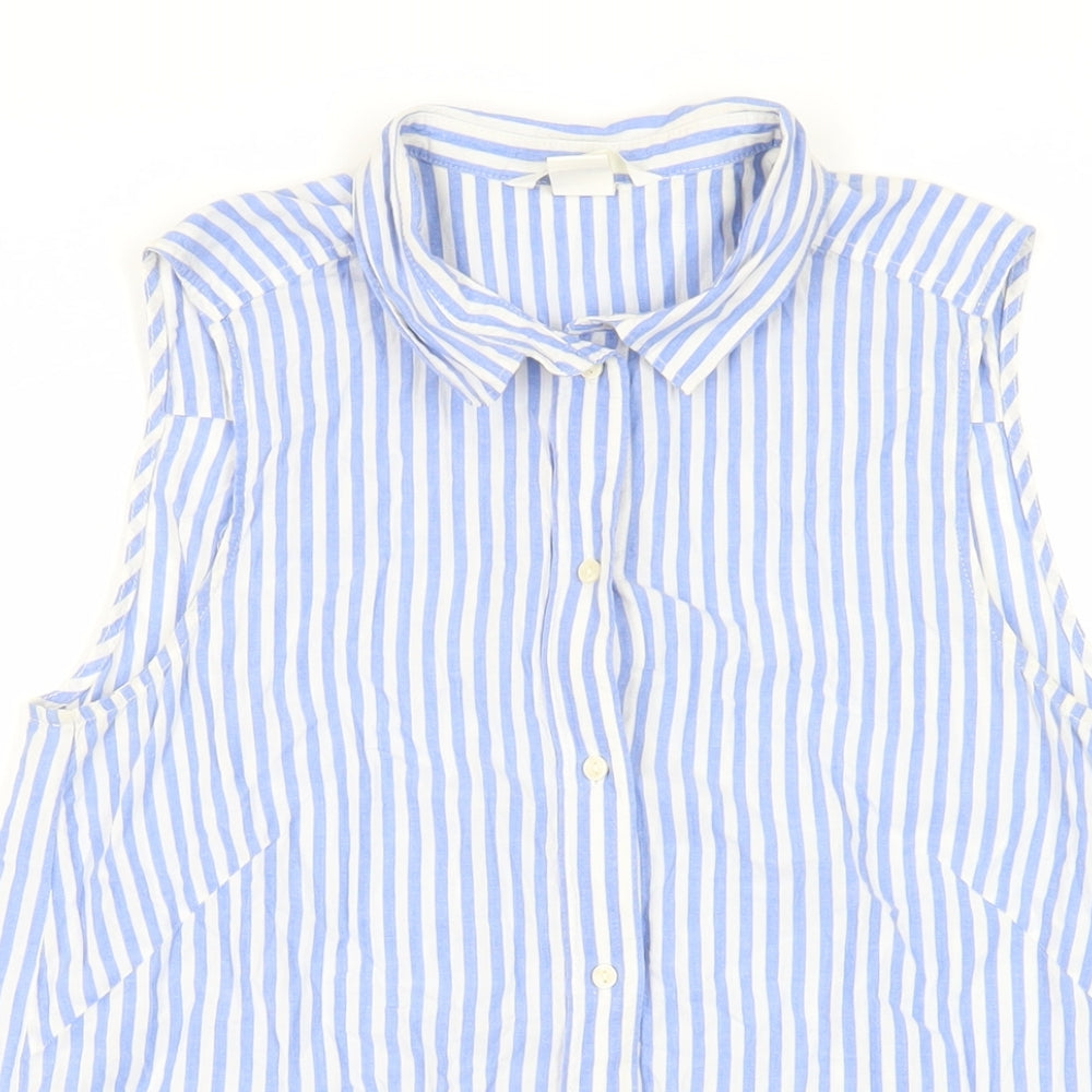 H&M Womens Blue Striped Polyester Basic Button-Up Size 6 Collared