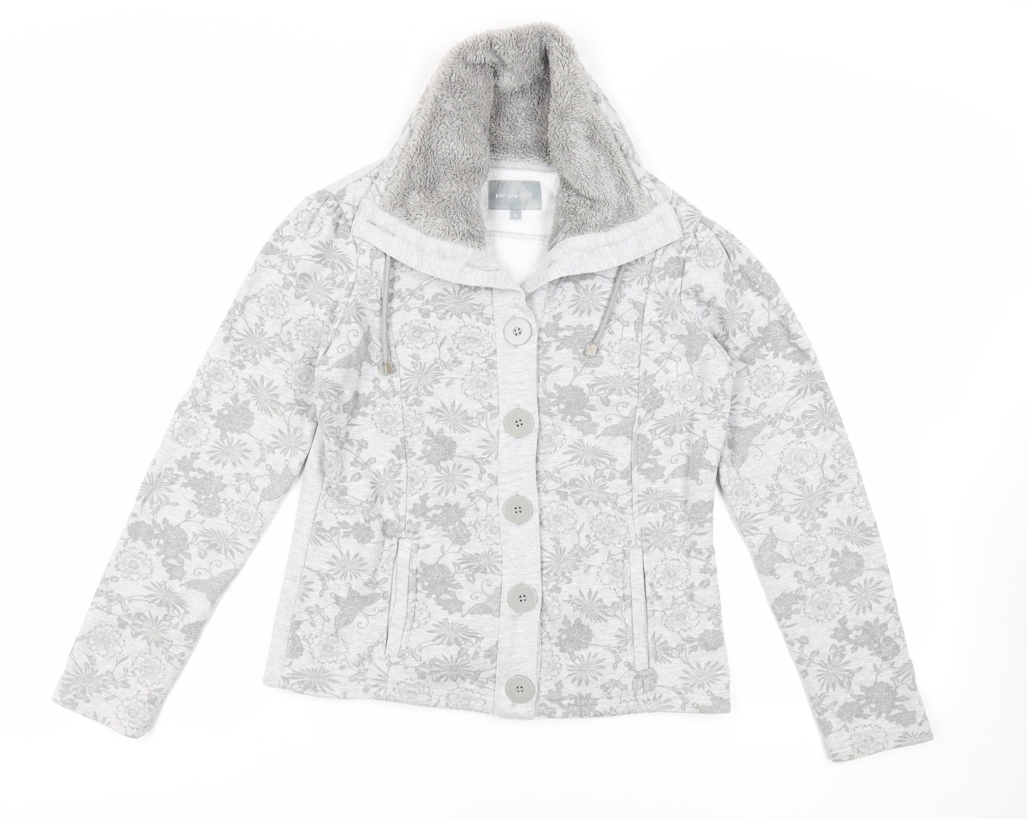 Per Una Womens Grey Floral Cotton Pullover Sweatshirt Size S Button - Pockets