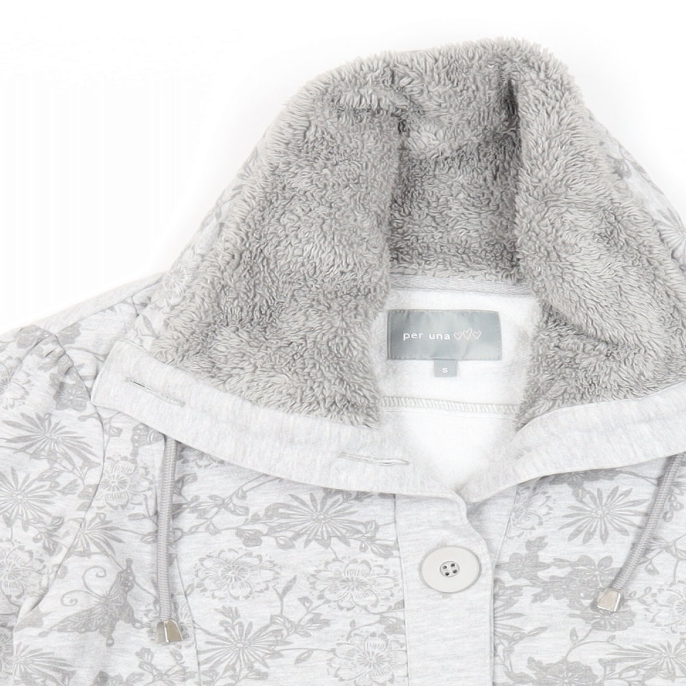 Per Una Womens Grey Floral Cotton Pullover Sweatshirt Size S Button - Pockets