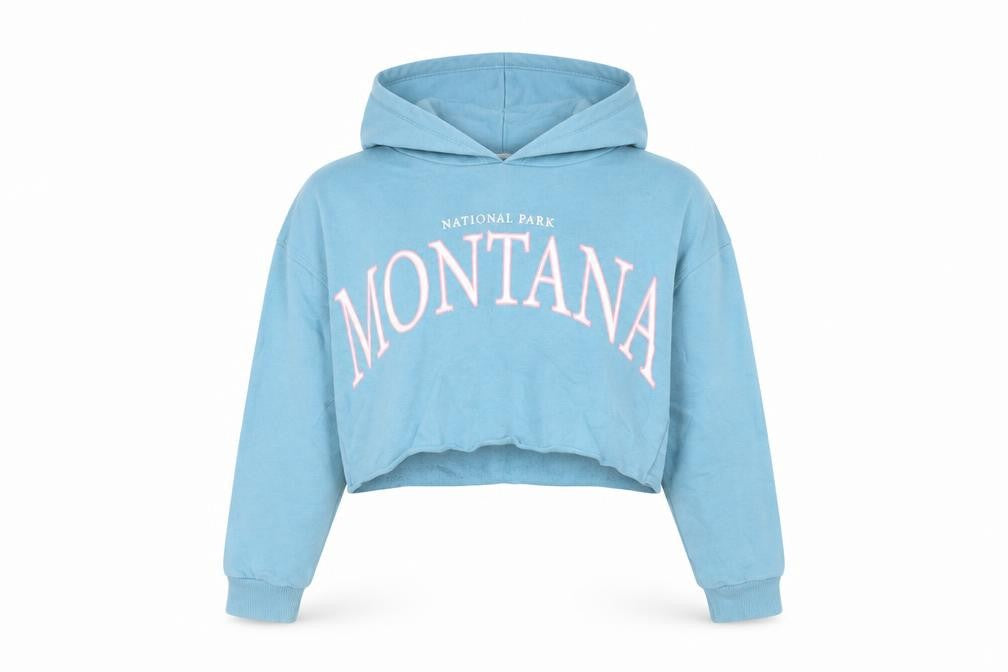 Montana Girls Blue Cotton Pullover Hoodie Size 10 Years Pullover - Cropped