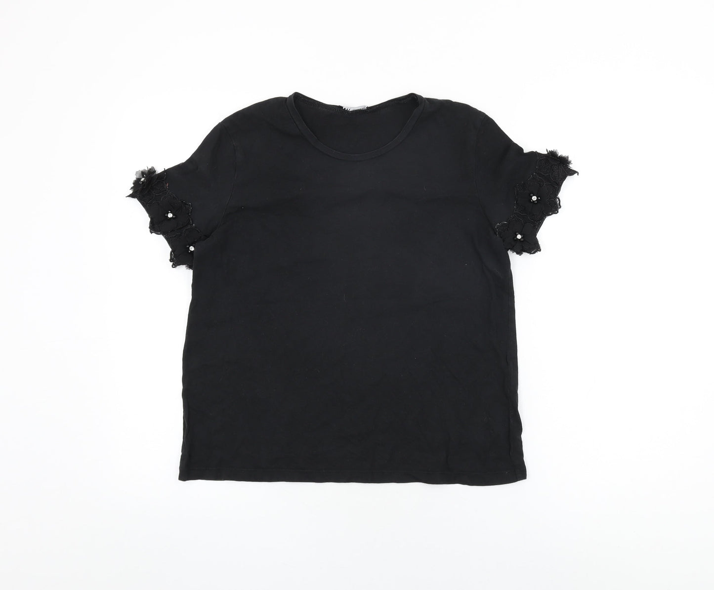 Zara Womens Black Cotton Basic T-Shirt Size S Round Neck - Floral Hem on Sleeves