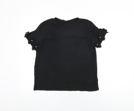 Zara Womens Black Cotton Basic T-Shirt Size S Round Neck - Floral Hem on Sleeves