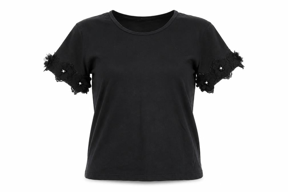 Zara Womens Black Cotton Basic T-Shirt Size S Round Neck - Floral Hem on Sleeves