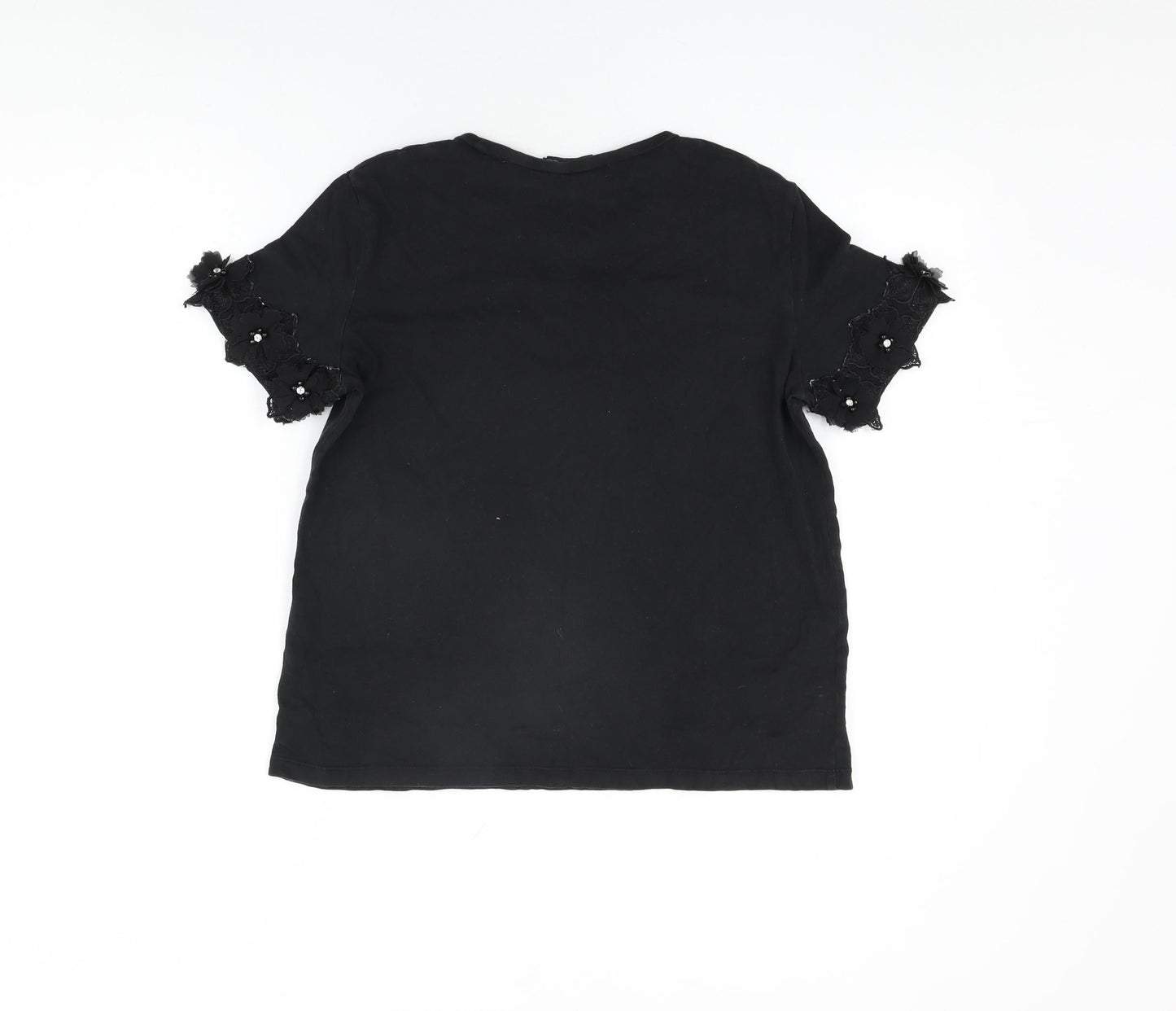 Zara Womens Black Cotton Basic T-Shirt Size S Round Neck - Floral Hem on Sleeves