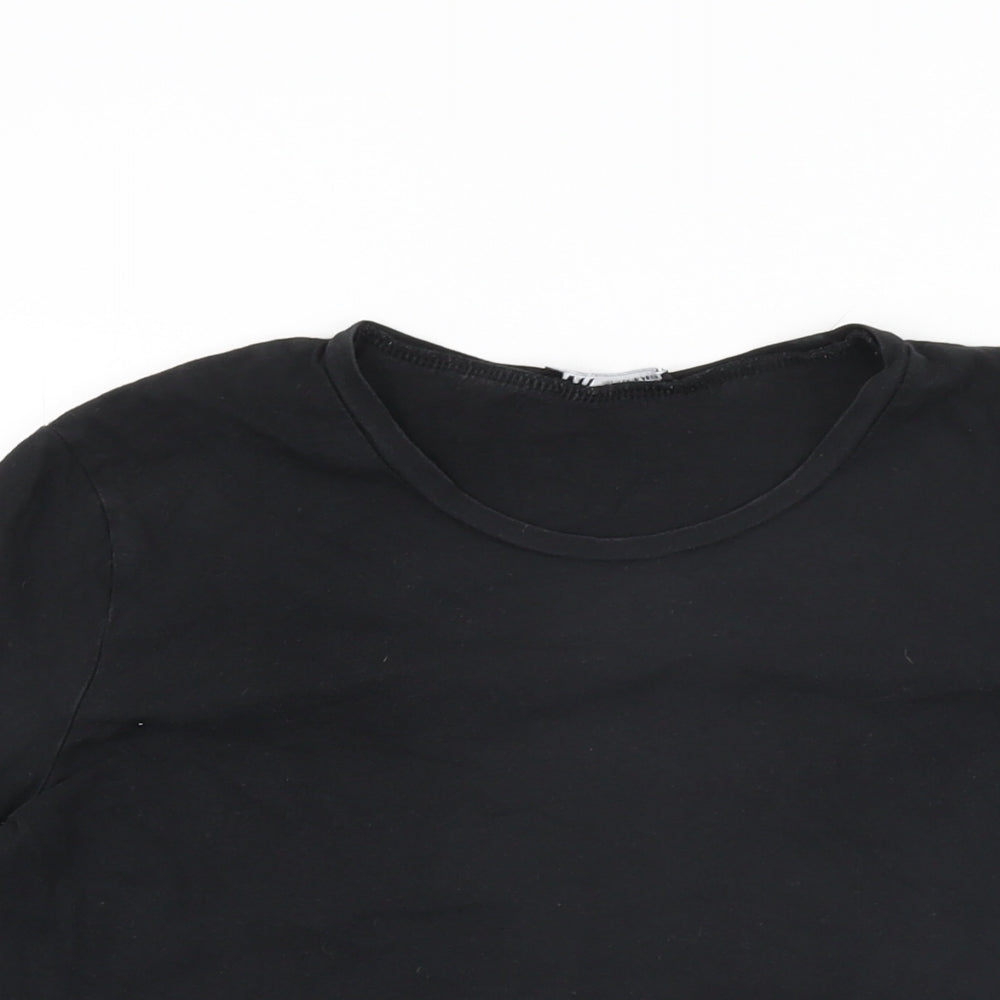 Zara Womens Black Cotton Basic T-Shirt Size S Round Neck - Floral Hem on Sleeves