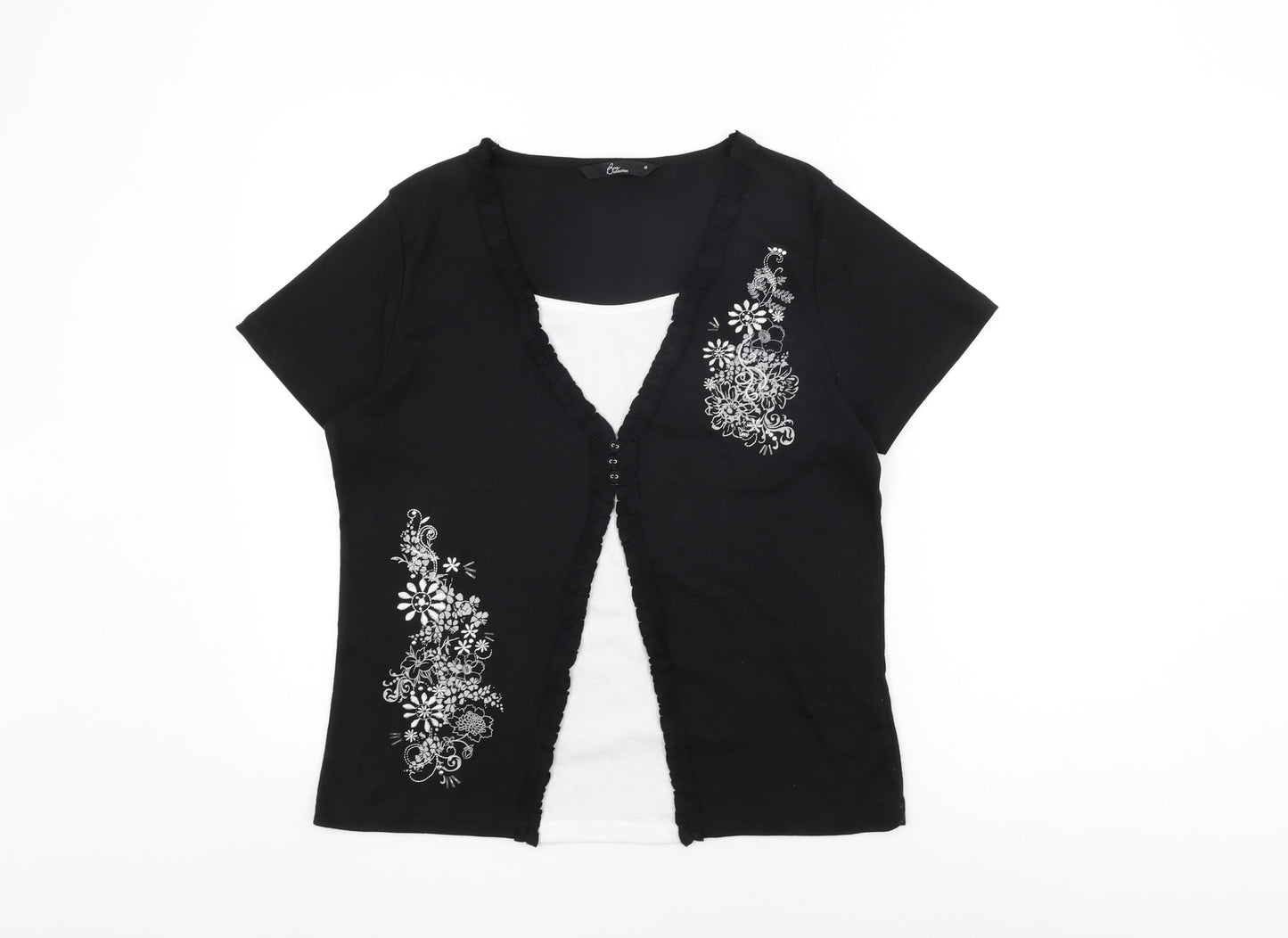 BM Collection Womens Black Floral Polyester Basic T-Shirt Size M Round Neck