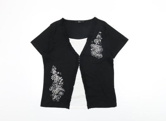 BM Collection Womens Black Floral Polyester Basic T-Shirt Size M Round Neck