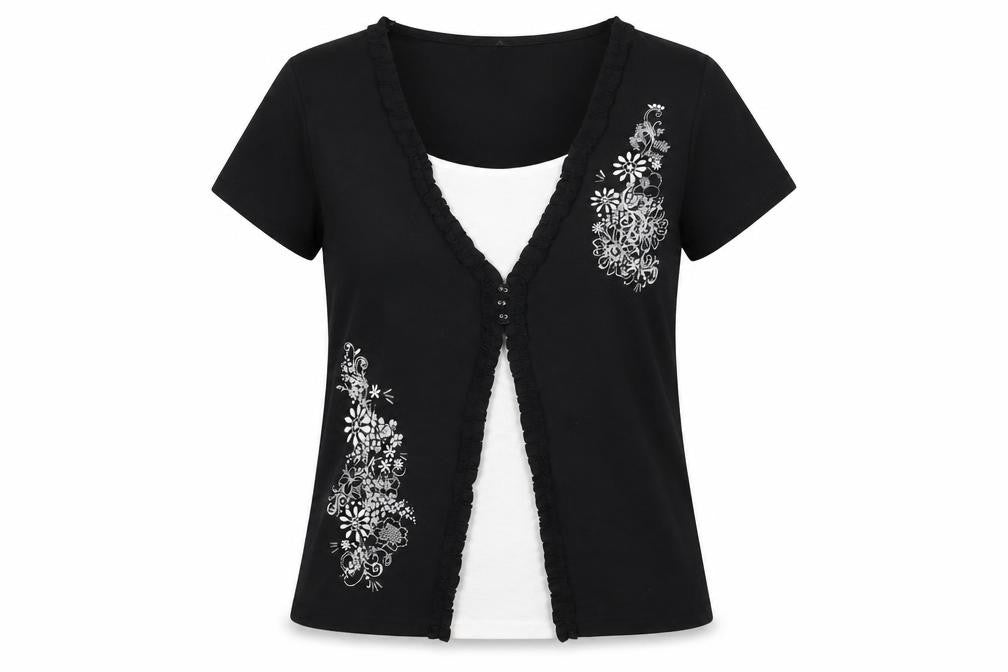 Bonmarché Womens Black Floral Polyester Basic T-Shirt Size M Round Neck