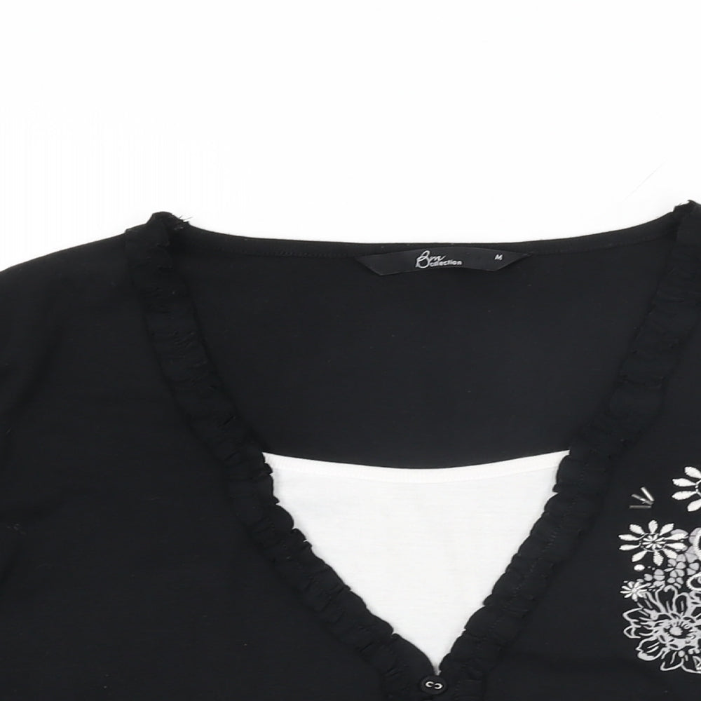 BM Collection Womens Black Floral Polyester Basic T-Shirt Size M Round Neck
