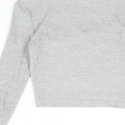 Brand and care label for Missguided women’s grey polyester cropped t-shirt, size UK 8, square neck