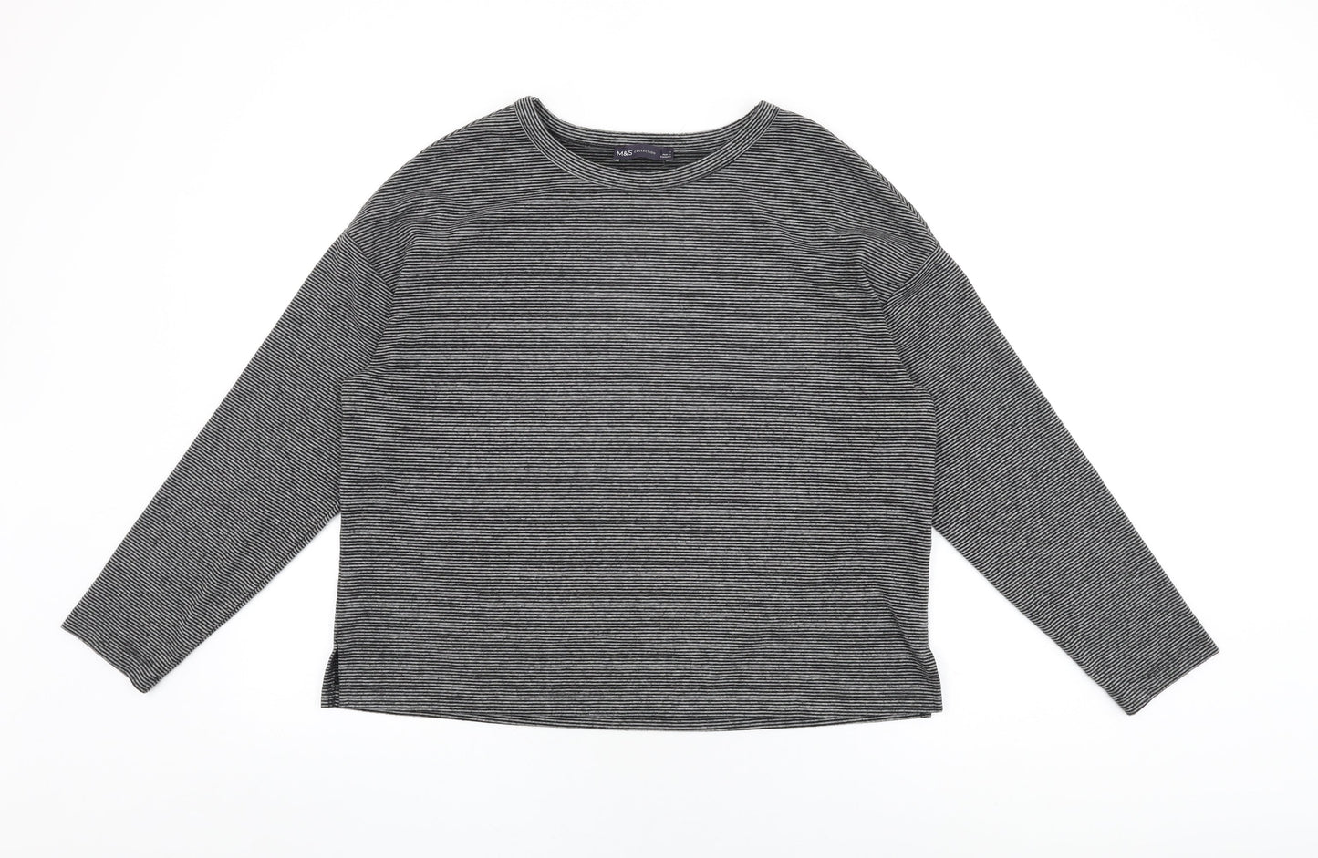 Marks and Spencer Womens Grey Striped Viscose Basic T-Shirt Size 14 Round Neck