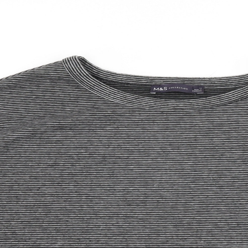 Marks and Spencer Womens Grey Striped Viscose Basic T-Shirt Size 14 Round Neck