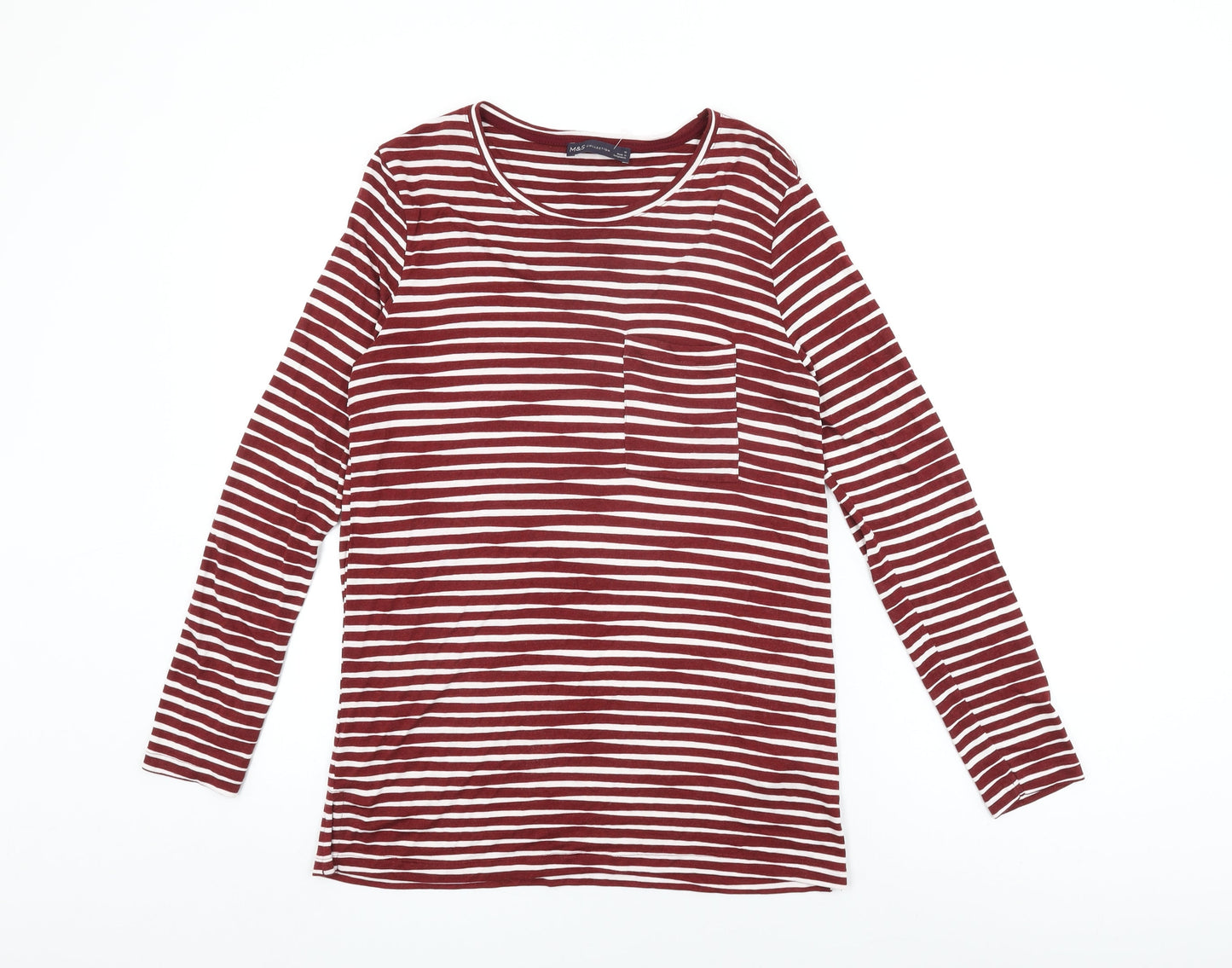 Marks and Spencer Womens Red Striped Viscose Basic T-Shirt Size 10 Round Neck