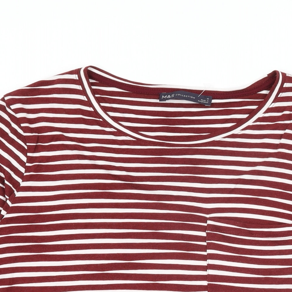 Marks and Spencer Womens Red Striped Viscose Basic T-Shirt Size 10 Round Neck