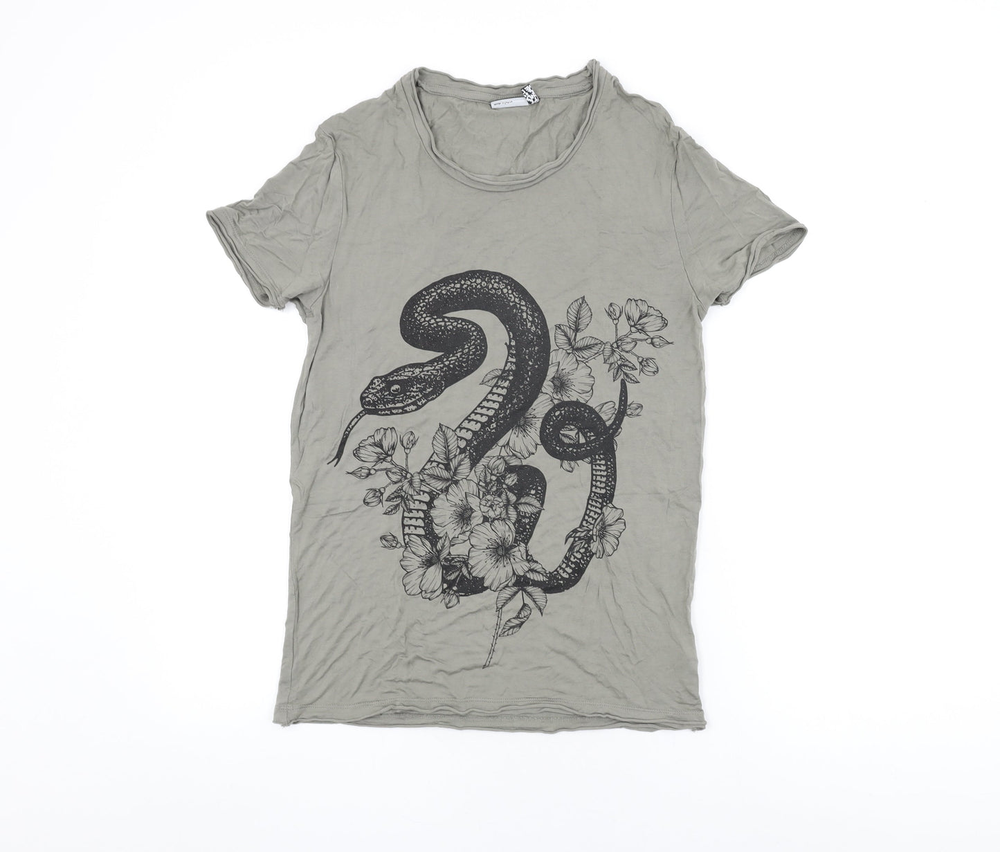 ASOS Womens Green Viscose Basic T-Shirt Size 2XS Round Neck - Snake and Floral Print