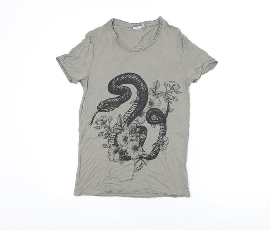 ASOS Womens Green Viscose Basic T-Shirt Size 2XS Round Neck - Snake and Floral Print