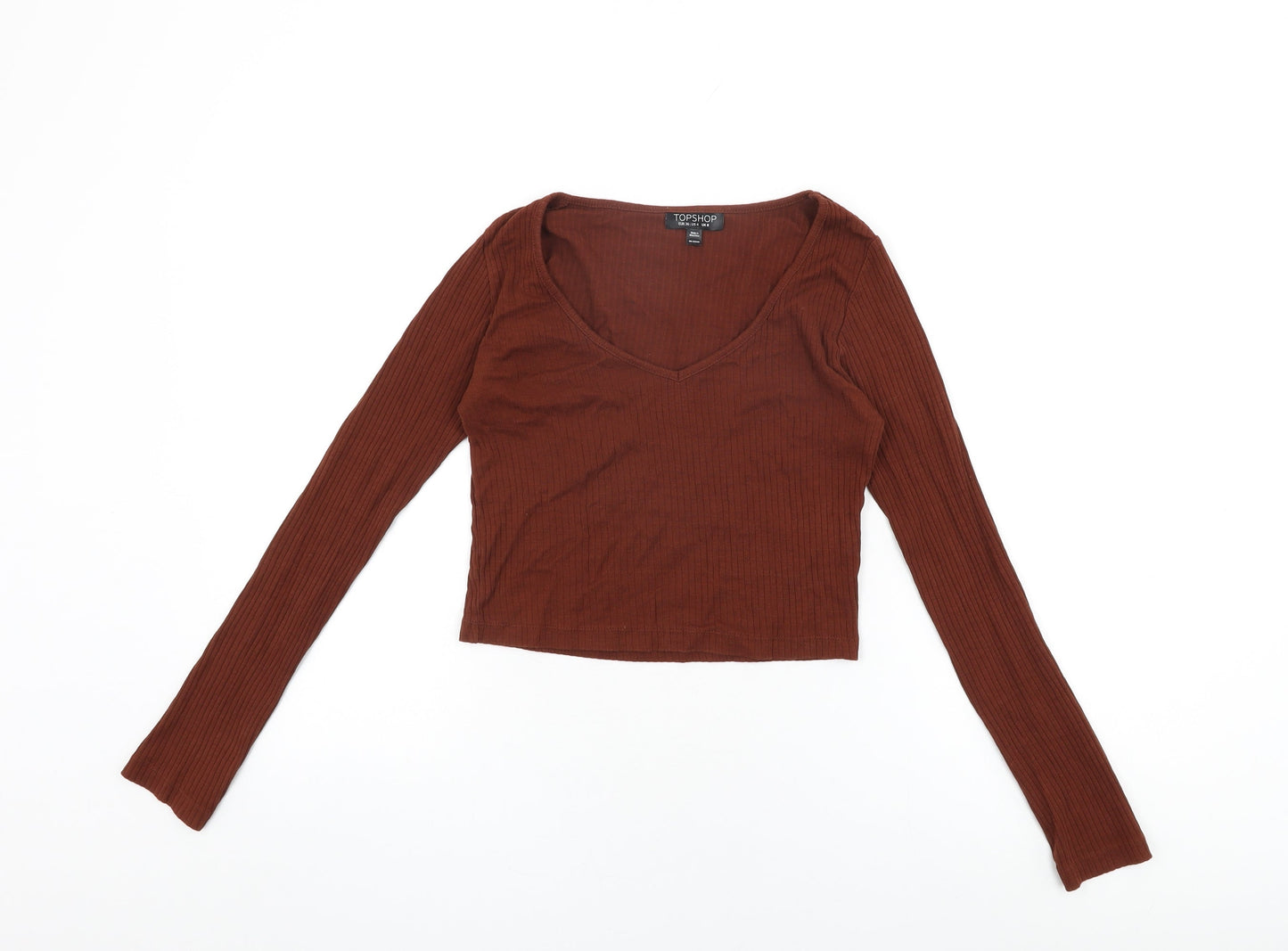 Topshop Womens Brown Cotton Cropped T-Shirt Size 8 V-Neck