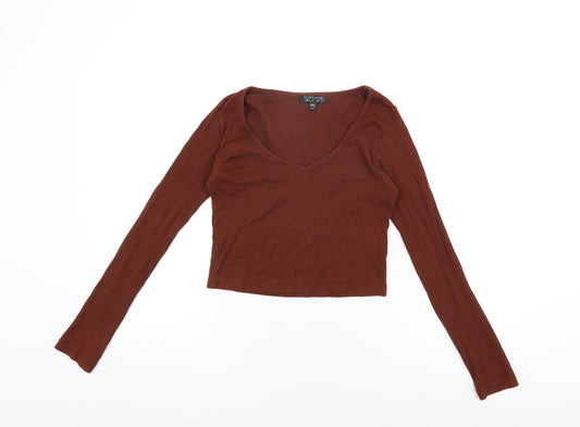 Topshop Womens Brown Cotton Cropped T-Shirt Size 8 V-Neck