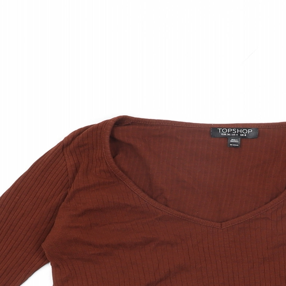 Topshop Womens Brown Cotton Cropped T-Shirt Size 8 V-Neck