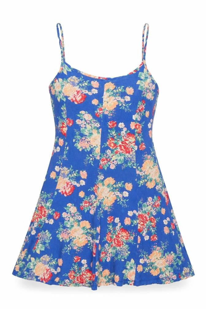 New Look Womens Blue Floral Cotton Mini Size 12 Round Neck Pullover