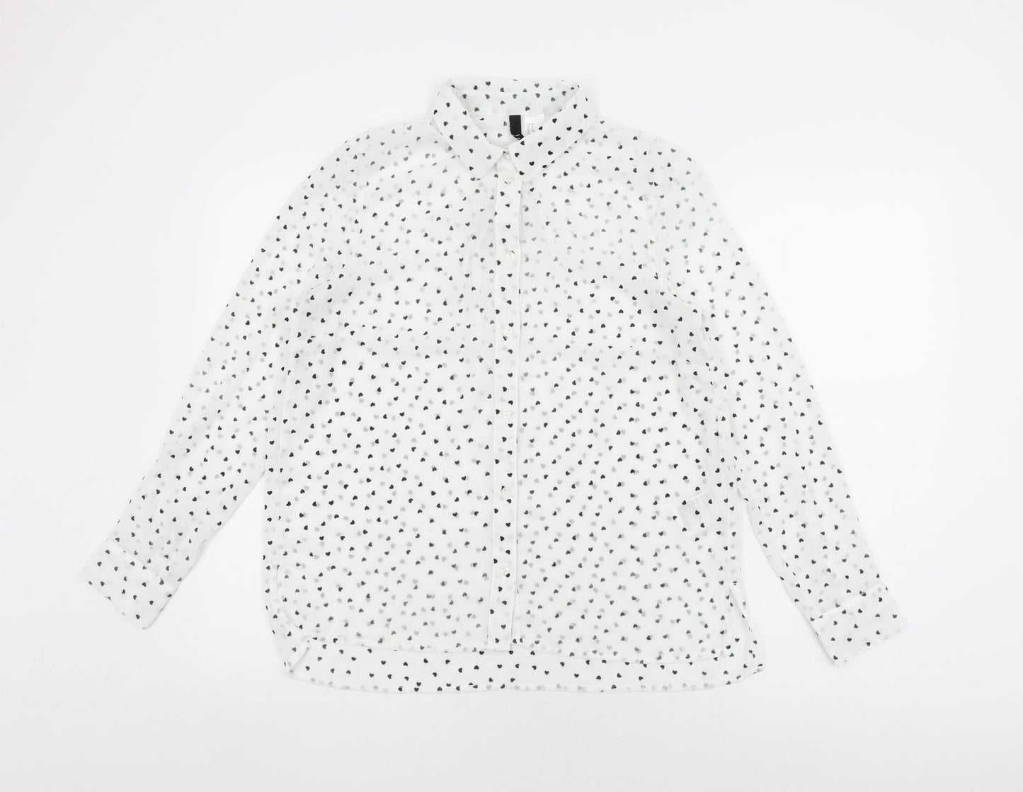 H&M Womens White Geometric Polyester Basic Button-Up Size 12 Collared - Heart Print