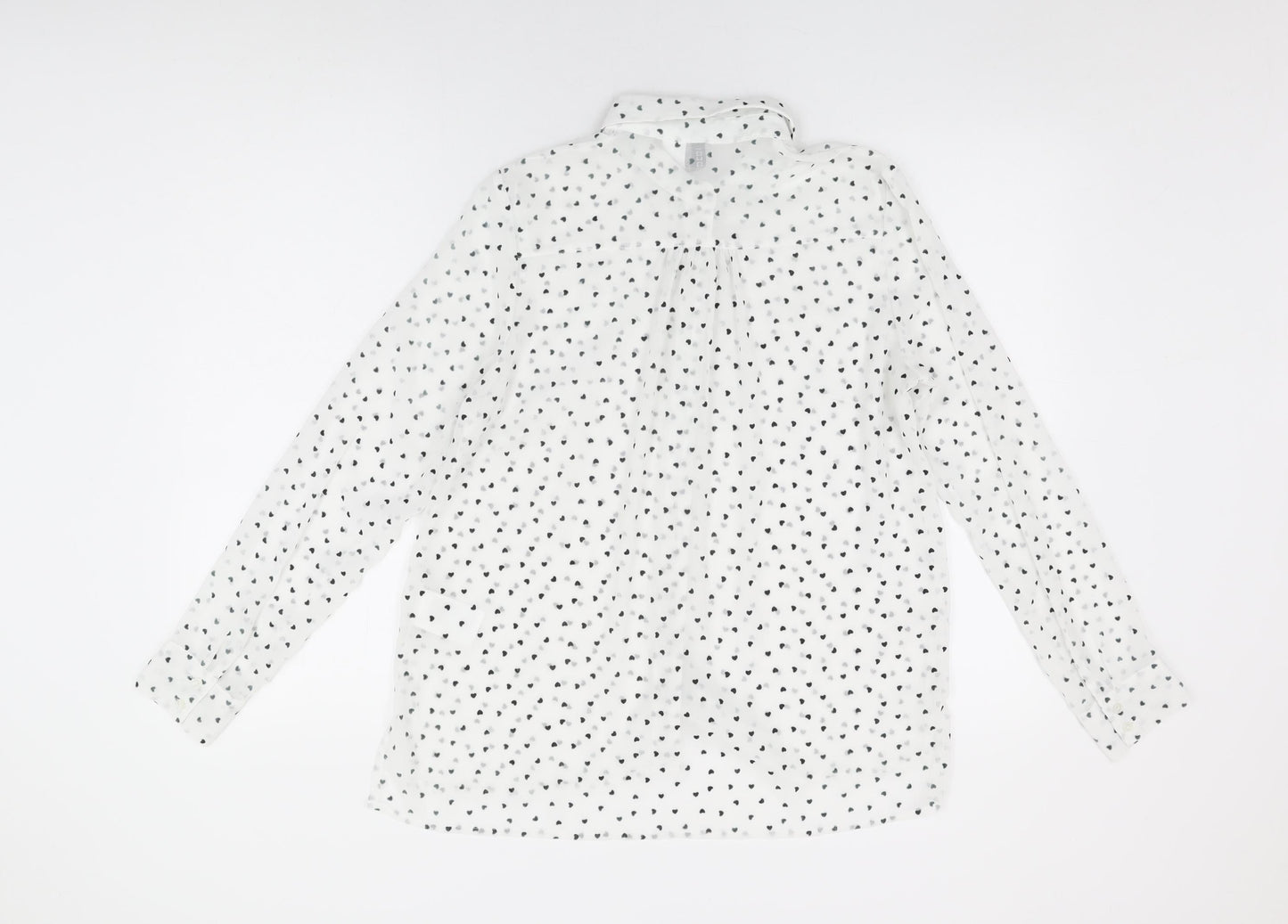 H&M Womens White Geometric Polyester Basic Button-Up Size 12 Collared - Heart Print
