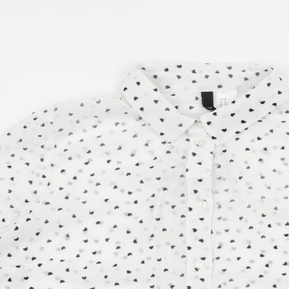 H&M Womens White Geometric Polyester Basic Button-Up Size 12 Collared - Heart Print