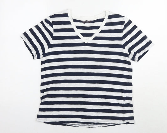 Marks and Spencer Womens Blue Striped Cotton Basic T-Shirt Size 12 Round Neck