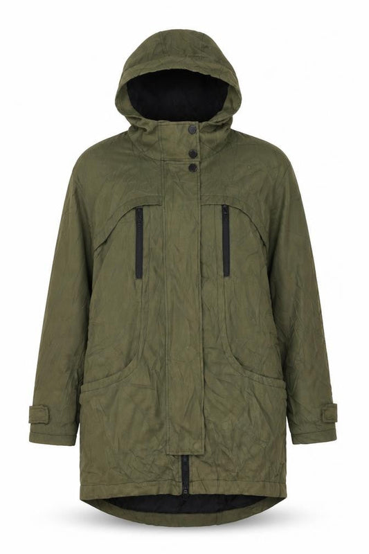 Front view of ASOS women’s green parka coat, size UK 10, zip