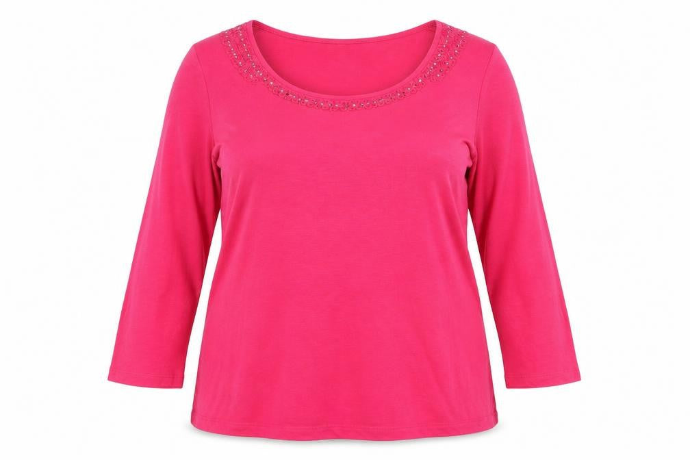RJR.John Rocha Womens Pink Herringbone Modal Basic T-Shirt Size 16 Scoop Neck - Sequin detail neckline