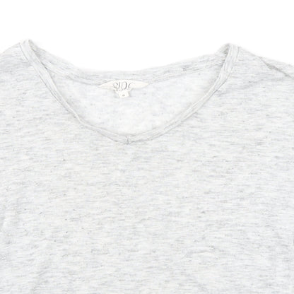 Close-up detail of Savannah Miller women’s grey polyester basic t-shirt, size UK 8, boat neck