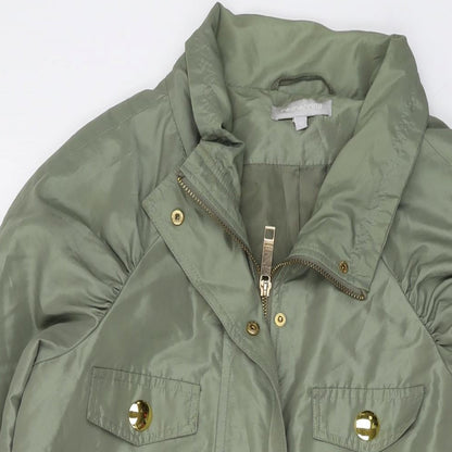 Close-up detail of Red Herring women’s green jacket, size UK 10, zip