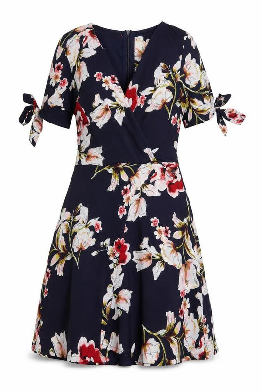 Parisian Signature Womens Blue Floral Polyester A-Line Size 8 V-Neck Zip