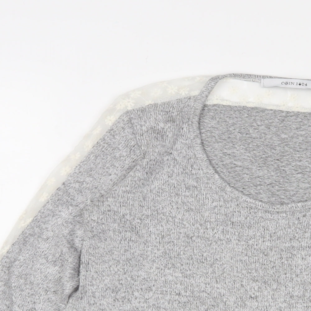 COIN 1804 Womens Grey Polyester Basic T-Shirt Size L Boat Neck
