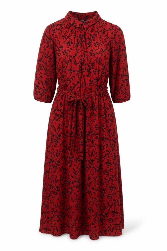 NEXT Womens Red Floral Viscose A-Line Size 10 Collared Button - Belted