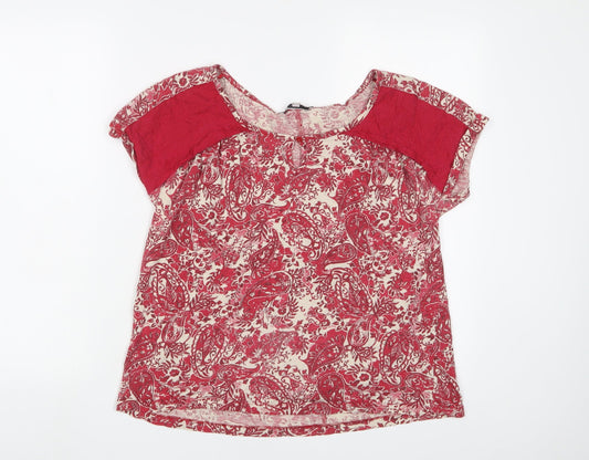 NEXT Womens Red Fair Isle Cotton Basic T-Shirt Size 12 Boat Neck - Embroidered