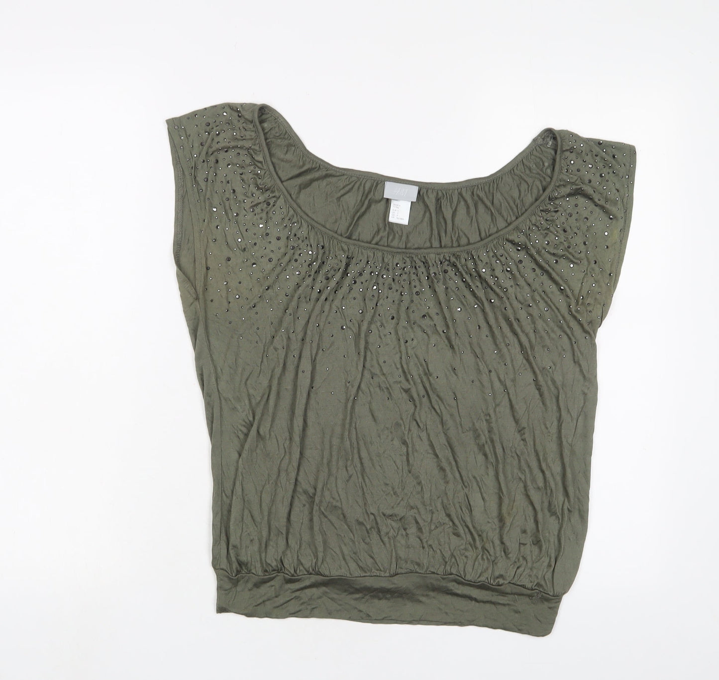 H&M Womens Green Viscose Basic T-Shirt Size S Scoop Neck - Studded