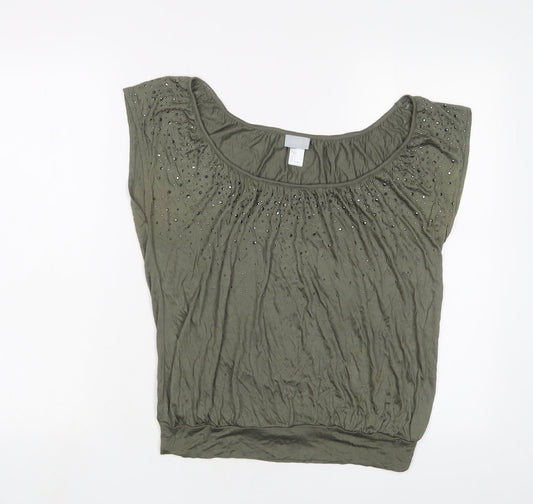 H&M Womens Green Viscose Basic T-Shirt Size S Scoop Neck - Studded