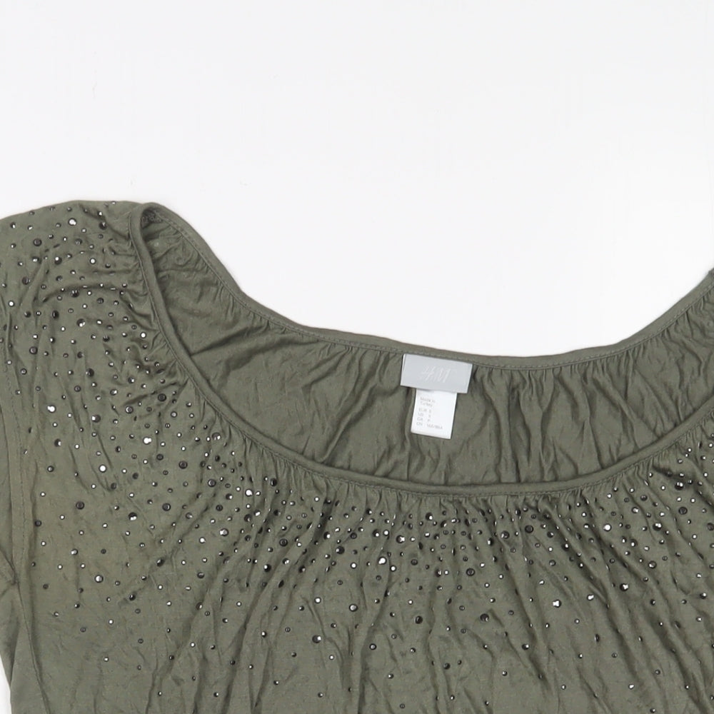 H&M Womens Green Viscose Basic T-Shirt Size S Scoop Neck - Studded