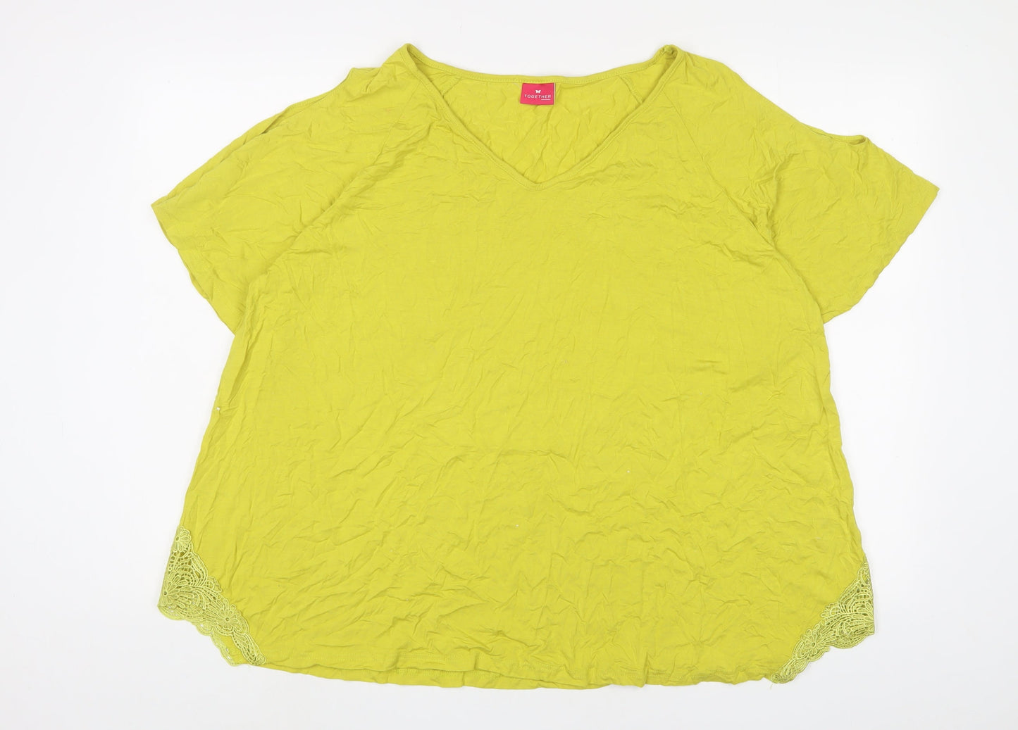 Together Womens Yellow Viscose Basic T-Shirt Size 3XL V-Neck - Cropped
