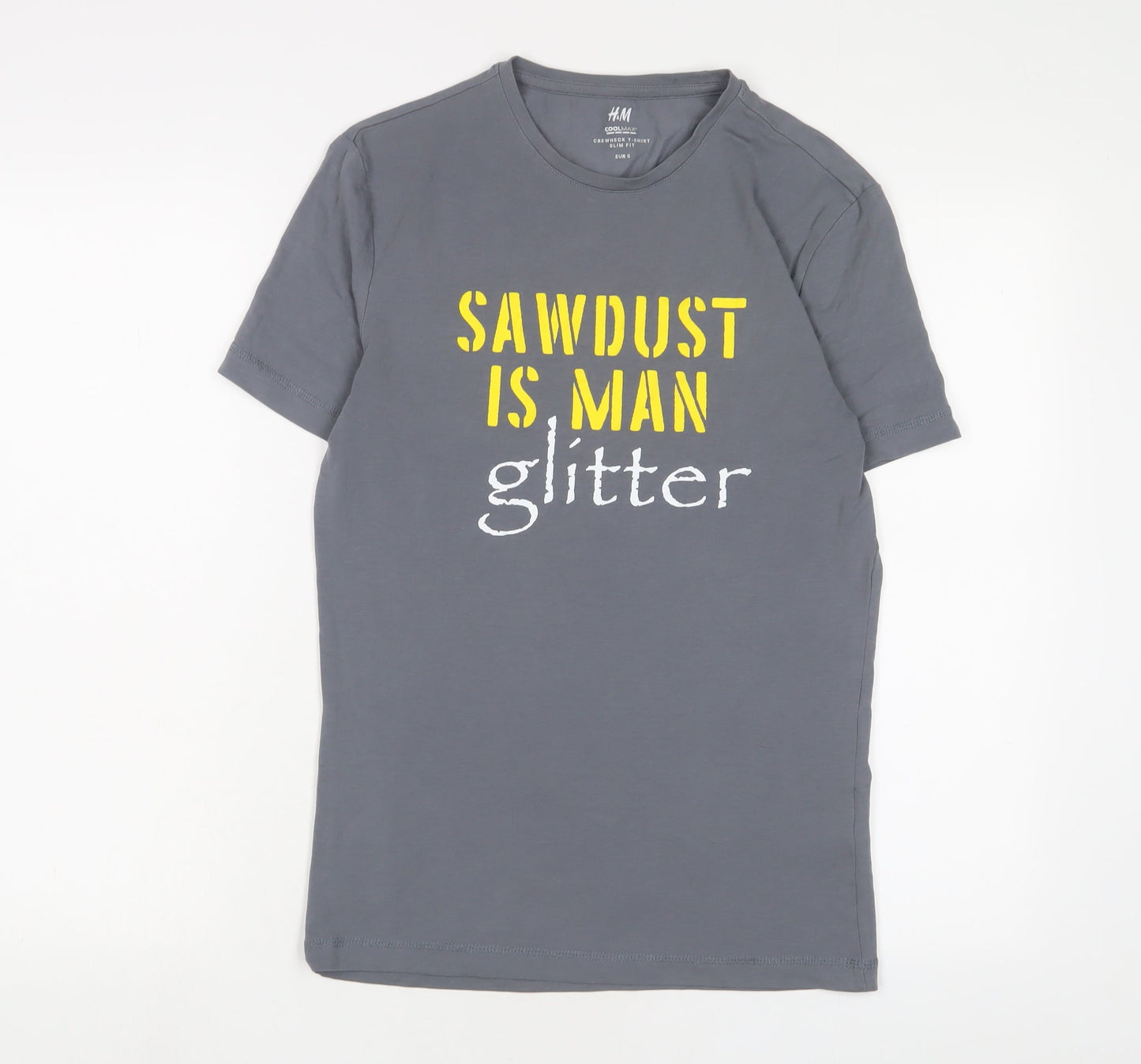 H&M Mens Grey Cotton T-Shirt Size S Crew Neck - Sawdust is man glitter