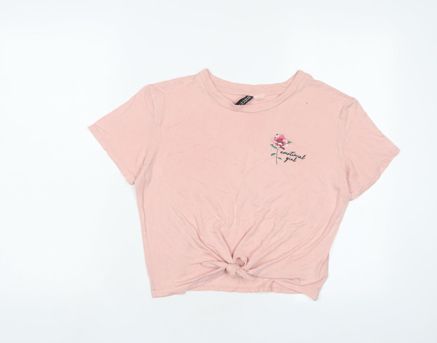 H&M Womens Pink Viscose Cropped T-Shirt Size M Crew Neck - Embroidered